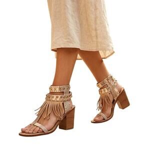 Ivy Kirzhner Heel Sandal 9M Tan Snakeskin Studded Fringe Gladiator Boho Festival
